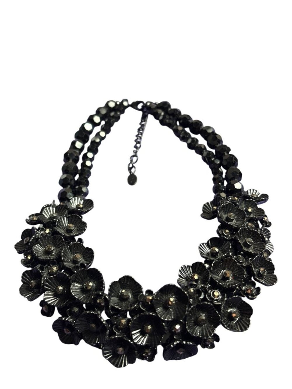 Lia Sophia Black Floral Bib Necklace Rhinestones Faceted Glass Beads 14-17 inch